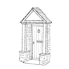 Hand drawn cottage front door with stone porch columns and gable roof entrance isolated on white background for home decor and real estate design