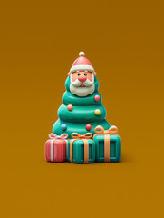Cute Christmas Tree with Santa Figurine and Colorful Gift Boxes on a Warm Background for Holiday Cheer