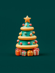 Festive 3D Christmas Tree Decorated with Colorful Ornaments and Surrounded by Gift Boxes