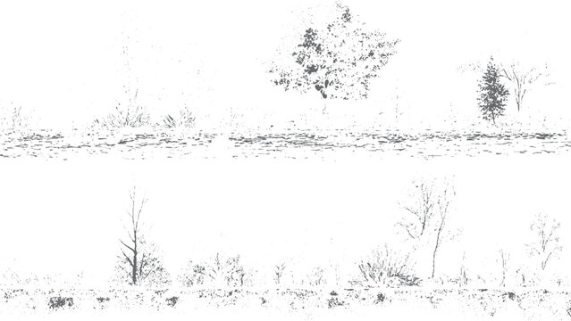 Minimalist CAD tree line set for architectural and landscape design drawings. Wetland forest section outlines in vector CAD style for landscape planning. 