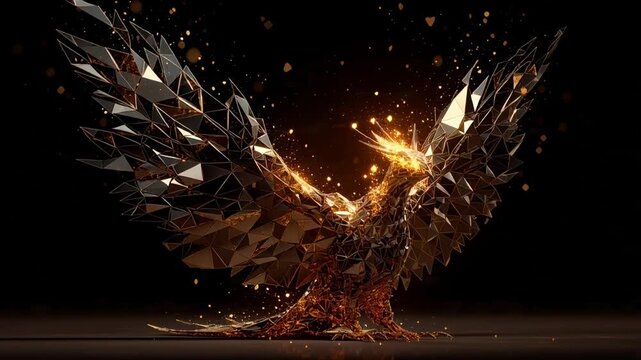 Abstract geometric phoenix rising with fiery effects on dark background