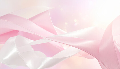 淡いピンクの光沢あるリボンが流れる繊細な抽象背景