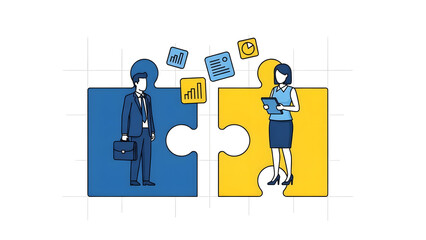 Professional business partners collaborate with data analysis icons floating above, symbolizing teamwork and strategic problem-solving for success.