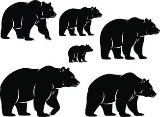 Bear silhouettes set wildlife animals walking poses vector