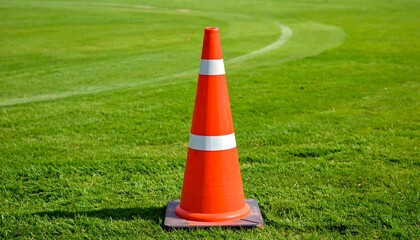Orange traffic cone sits on vibrant green grass with white line marking a playing field in the background