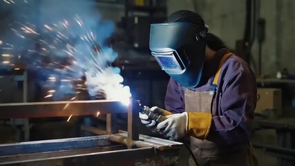 Skilled craftsperson welding metal with a bright spark shower in an industrial workshop setting