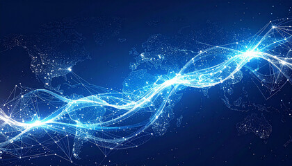 世界地図と光の波が交差するグローバルネットワーク