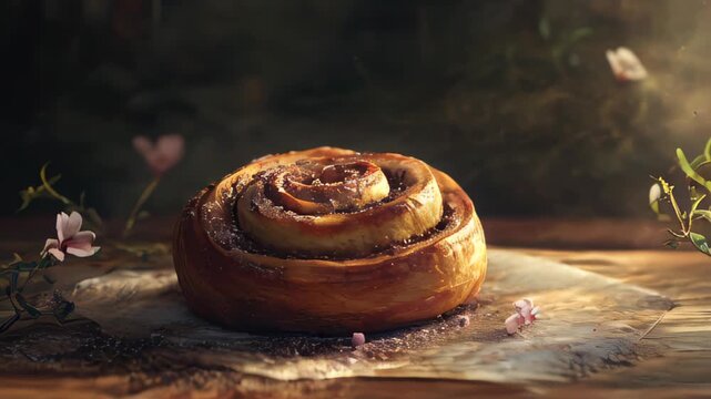 Cinnamon roll placed on a wooden table with flowers and light around it in a cozy setting