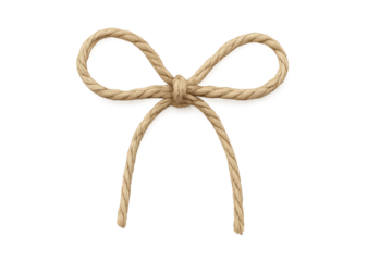 Beige rope bow tied into symmetrical knot on transparent background