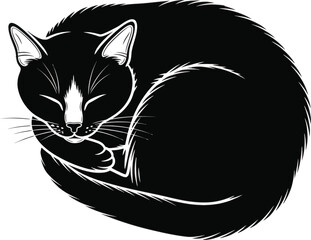 Sleeping cat curled up feline silhouette vector