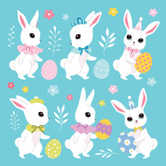Cute white Easter bunnies, color clothes, cutie bows, pattern eggs. Spring collection. Sticker design. Set of Easter themed images including easter eggs, pretty rabbits. Happy Easter. Greeting cards