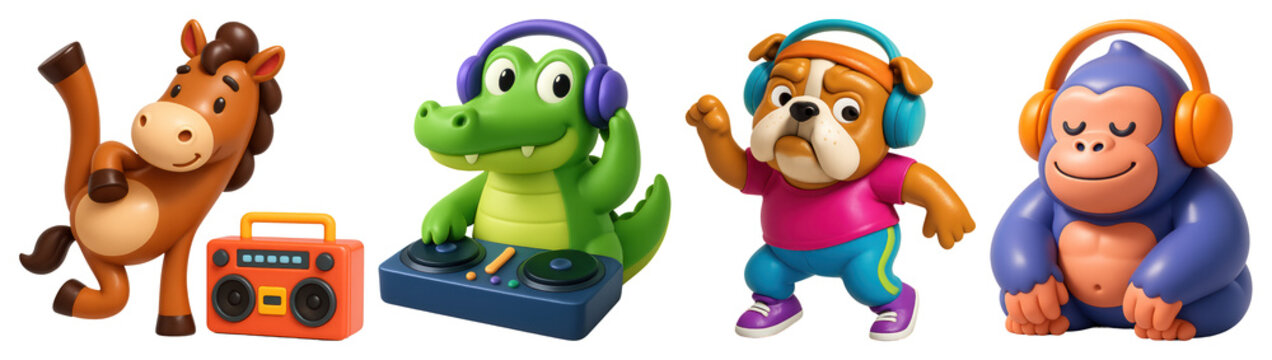 PNG Playful animal DJ characters, element set on transparent background