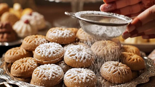 A hand dusts powdered sugar from a sieve over patterned cookies arranged on a decorative silver platter
