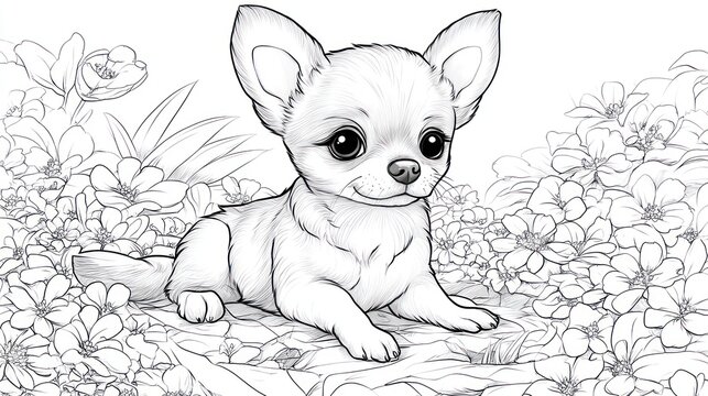 Cute chihuahua puppy surrounded by flowers, in a coloring book style