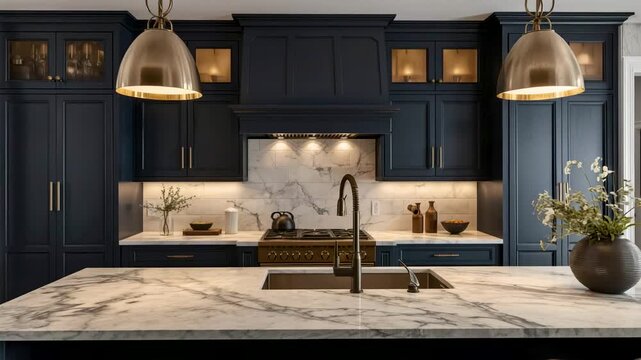 Modern kitchen interior with navy blue cabinets, marble countertop, pendant lights, and kitchen accessories.