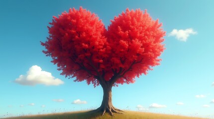 Heart-Shaped Red Tree on Grassy Hill
