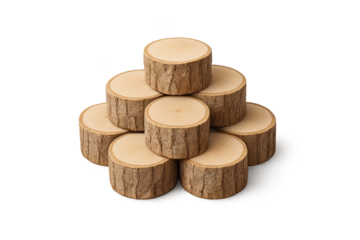 Stack of wooden log slices arranged in pyramid on transparent background