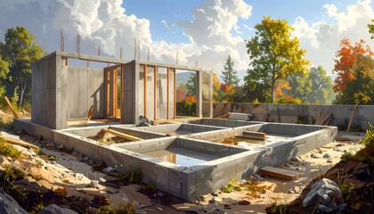 Concrete foundation construction in autumn sunlight, with bare wooden frames and trees