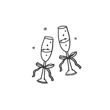 Two glasses of champagne. Clinking festive alcoholic drinks an isolated background. Refreshing drink, beverage. Design for Save the date card, wedding, party.  Vector illustration in line art style