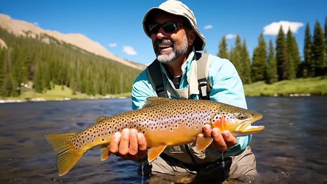 Happy excited fisherman holding caught trout standing in water. Fishing hobby, seasonal marine hunting activity. Generative AI