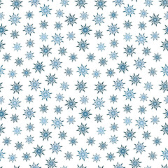 Seamless isolated pattern of icy sparkling crystals and stars on a white background. Vector illustration.