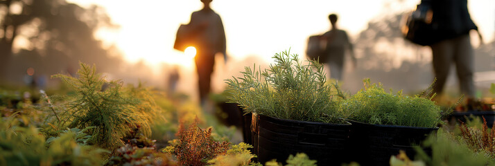 Growing organic plants on farm brings sense of tranquility and connection to nature as workers carry seedlings in early morning light