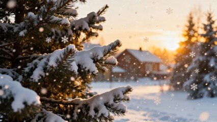 Ultra-high-definition winter Christmas background in RGB color mode, 8K quality. A peaceful snowy landscape with pine trees covered in fresh snow, softly falling snowflakes