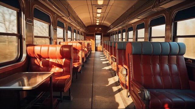 Luxury vintage interior of train wagon with comfort seats. Cabin of retro railway steam locomotive. Generative AI