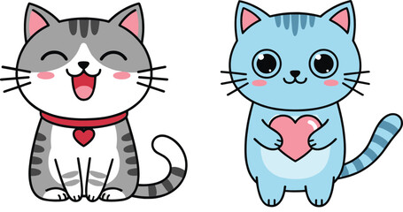 Adorable cat mascots with heart symbols in playful cartoon flat vector illustration style for romantic concepts