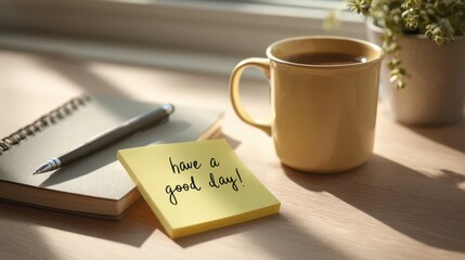 Bright desk setup with a positive reminder note, coffee mug, and plant in natural daylight