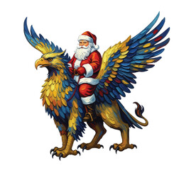 Fototapeta premium Epic fantasy illustration of Santa Claus riding a powerful griffin creature, blending Christmas magic with mythical adventure