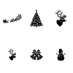 Set of Christmas Silhouette Icons Including Santa, Reindeer, Tree, Bells and Snowman