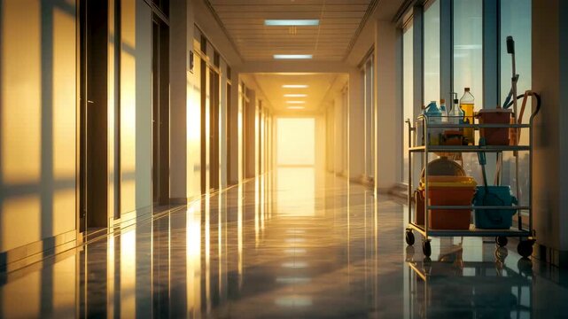 Hospital corridor with bright warm lighting, reflective floor, and a janitor cart with cleaning supplies.