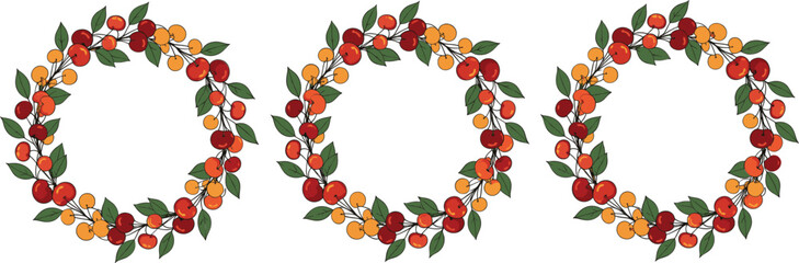 Colorful fruit wreath frames with leaves and berries in flat vector style perfect for summer branding