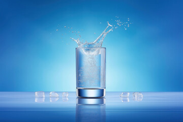 Splash shot of electrolyte water pouring into a clear glass on the a bright blue background, frozen motion with crisp reflections. Concept of rapid hydration and refreshment