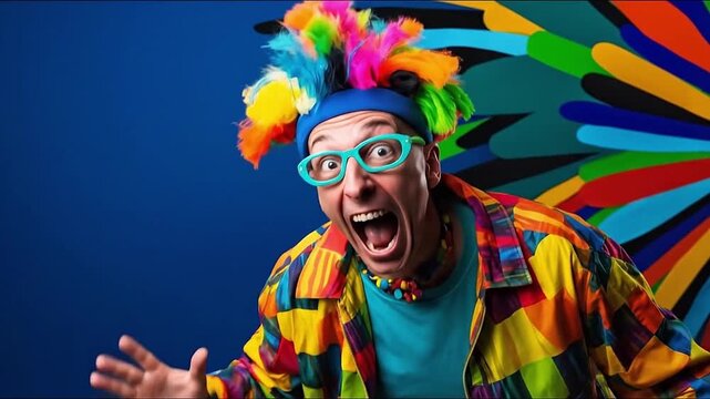Playful overjoyed man wearing funny festive clothes screaming and feeling crazy mad emotion. Generative AI