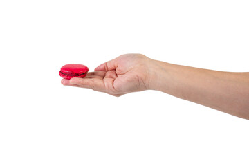 Pink and red macarons in hand on transparent background