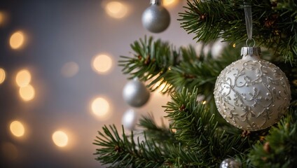 Elegant white Christmas bauble on fir tree. Silver ornaments on Christmas tree with bokeh lights. Close up of decorated Xmas tree branch.