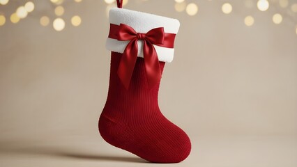 Classic red and white festive stocking, beautifully adorned with a vibrant bow, symbolizes anticipation and holiday joy, illuminated by a soft bokeh background for seasonal celebrations