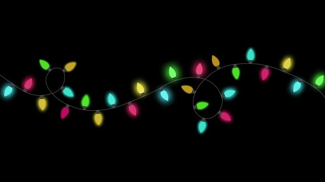 String of Christmas lights in clipart style with colorful bulbs overlay style animation. For festive decor, borders, cards, or holiday design on  the transparent background.