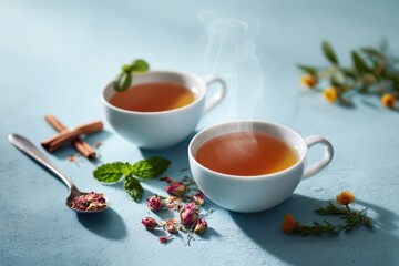 Calm blue scene featuring warm tea and herb garnish in spoons