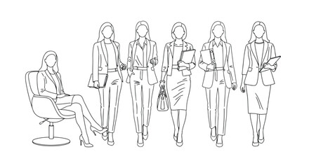 Line art of five women in business suits, one seated, others standing and walking, holding documents and bags.