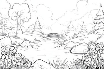 Fototapeta premium Calm Garden River Coloring Scene: Trees, Water, and a Wooden Bridge for Young Artists