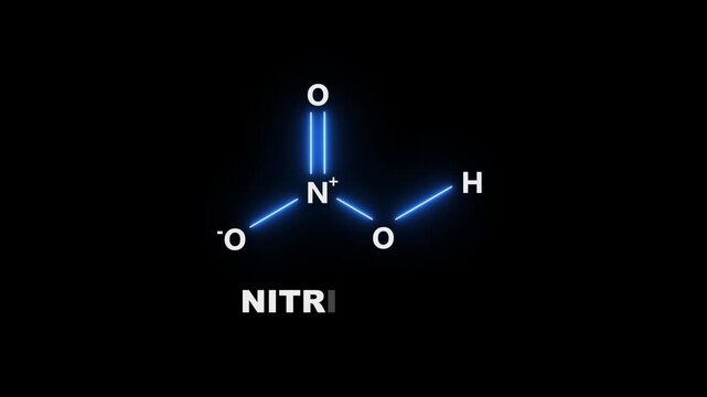 neon Nitric acid Molecular Structure on black Background. glowing chemical formula of Nitric acid. Nitric acid Molecular Structure Symbol icon Animation. Nitric acid Molecule Structure icon.