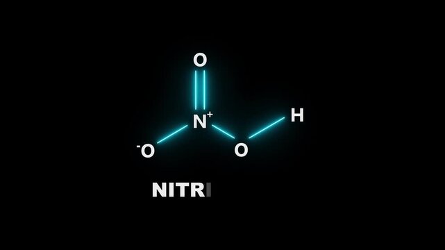 neon Nitric acid Molecular Structure on black Background. glowing chemical formula of Nitric acid. Nitric acid Molecular Structure Symbol icon Animation. Nitric acid Molecule Structure icon.