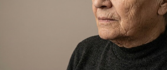 Senior woman's face. Partially visible in a close up. Highlighting the natural skin texture and characteristic wrinkles around her mouth and nose. Representing the journey of aging and life experience