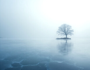 Minimalist winter landscape featuring a lone tree on a frozen lake in mist. Serene blue ice and solitude.