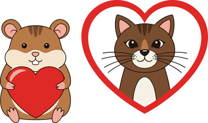 Cute hamster and cat characters holding heart symbols illustration in kawaii cartoon flat vector style for love designs