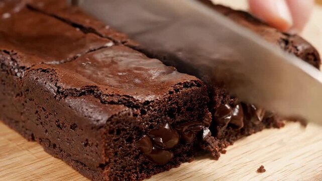 A hand slices into a rich fudgy chocolate brownie on a wooden board revealing a gooey molten chocolate chip center