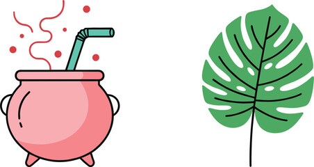 Cute magic potion cauldron and monstera leaf illustration in playful flat vector style for fantasy and nature designs